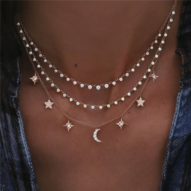 Moon pendant stars Crystal Necklaces For Women